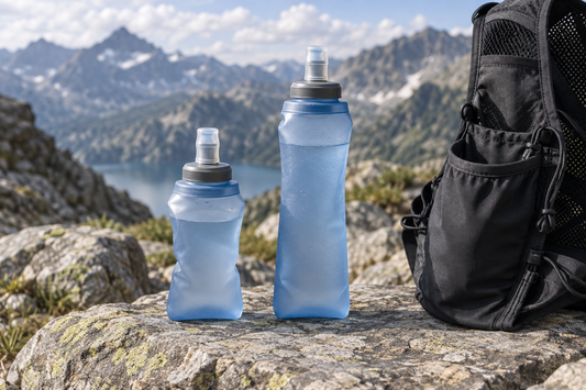 Soft flasks de tamaño compacto y grande comparados junto a un chaleco