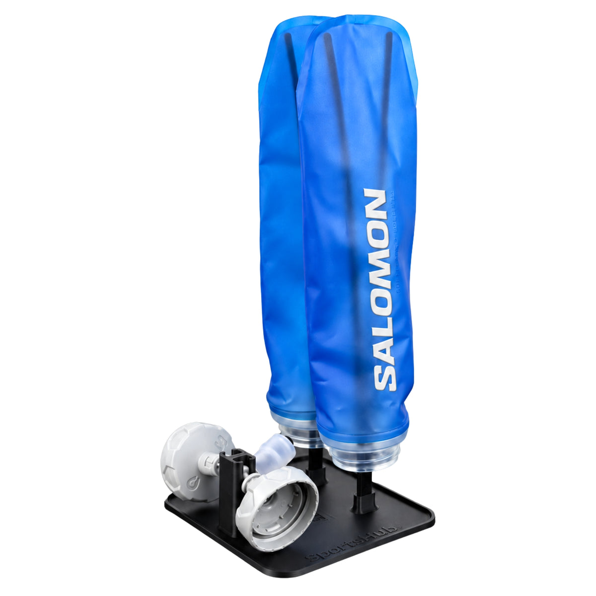 Dos soft flasks Salomon de 500 ml colocados en el soporte de secado SportsHub negro