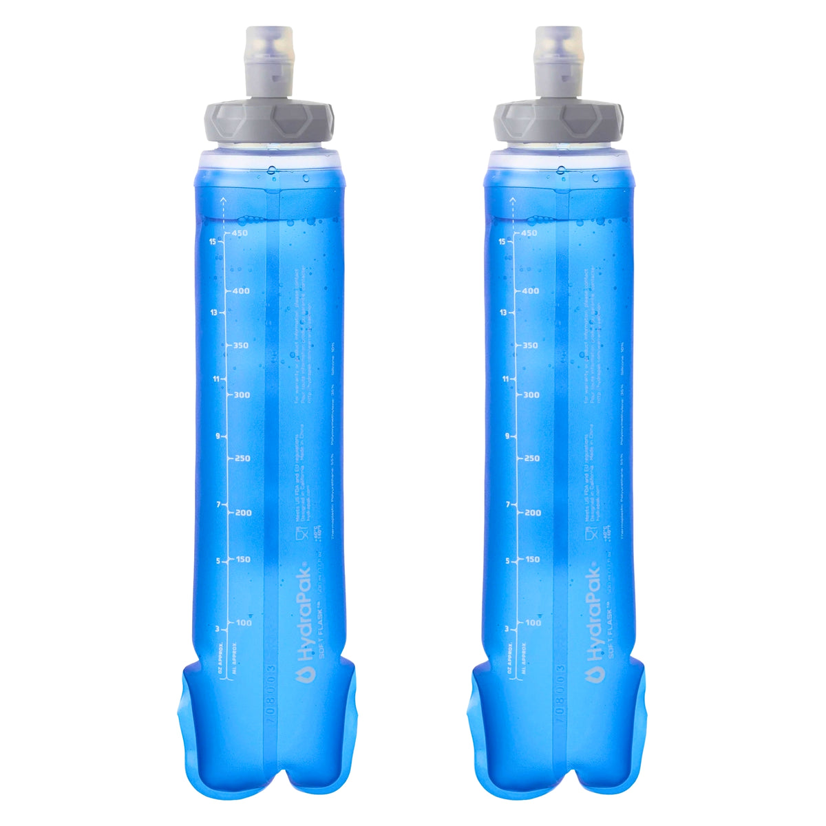 Vista posterior de dos soft flasks Salomon de 500 ml con marcas de volumen
